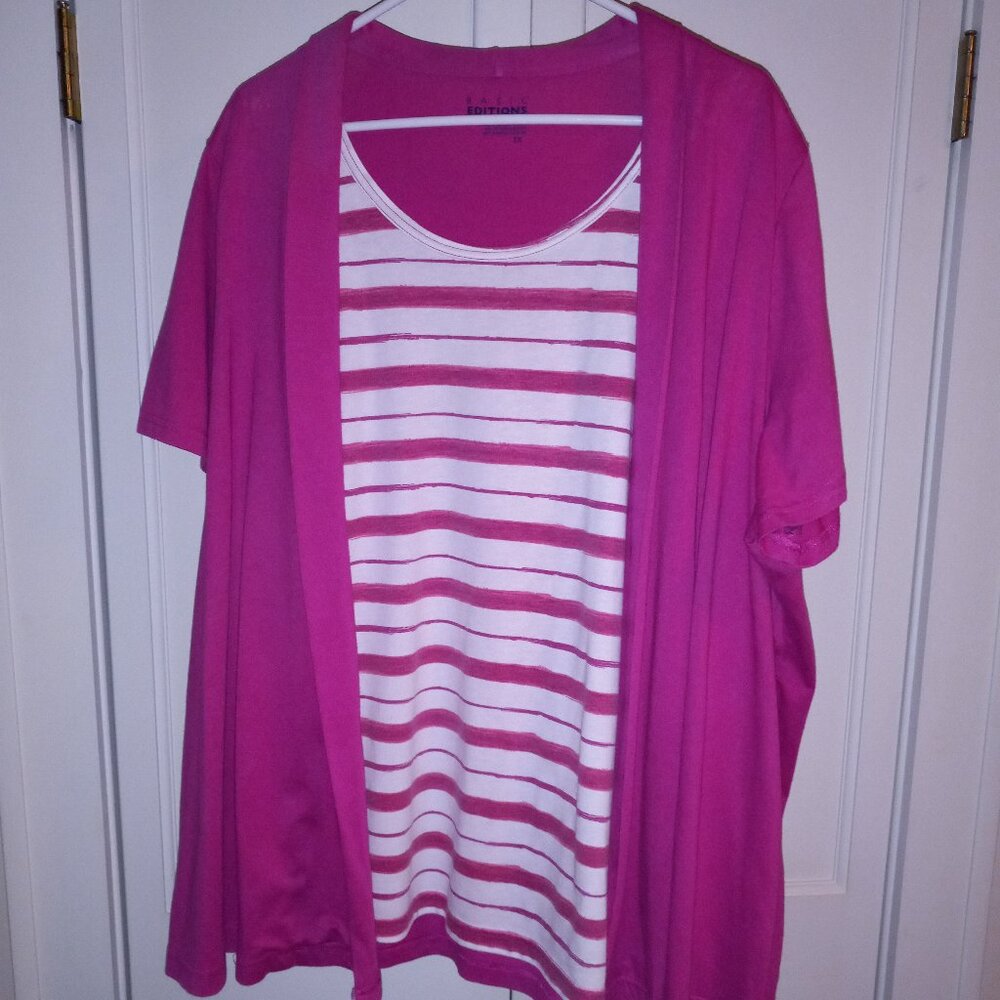 Croft & Barrow Women's 3X Plus Size 2-in-1 S/S Top Bright Pink with Stripes Knit